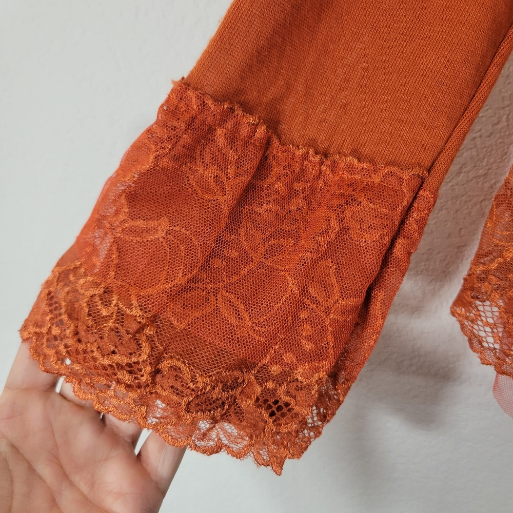 PRETTY ANGEL terracotta linen blend ruffle collar lace tulle trim cardigan - Picture 4 of 9